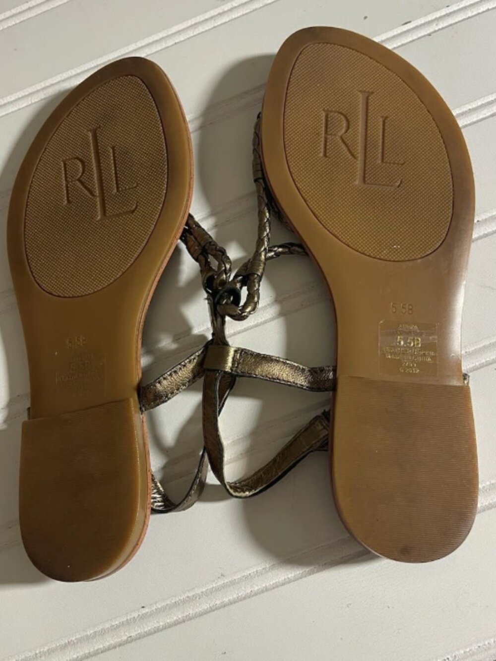Lauren Ralph Lauren Leather Braided Slingback Thong Sandals Women's 5.5B Gold - Picture 9 of 12